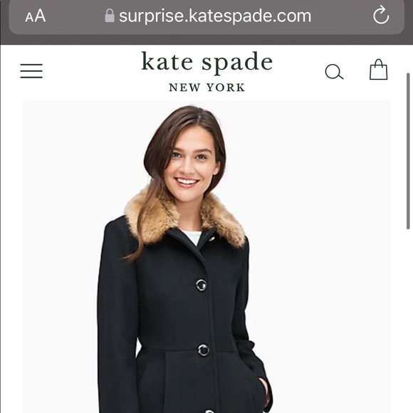 Kate Spade NWT black fit flare wool coat XS with fur trim